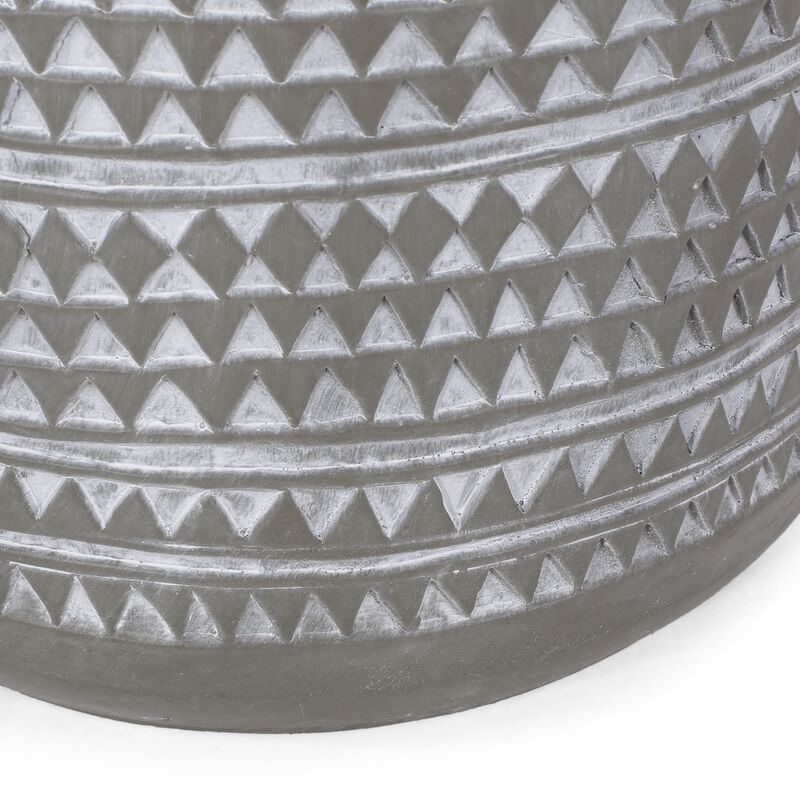 Outdoor End Table, 16 Inch Round Gray Faux Concrete w White Pattern - Benzara