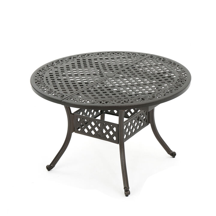 Roch Outdoor Dining Table, 46-61 Inch Expandable, Metal Hammered Bronze - Benzara