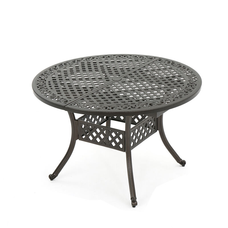 Roch Outdoor Dining Table, 46-61 Inch Expandable, Metal Hammered Bronze - Benzara