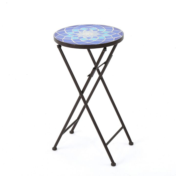 Silia Outdoor End Table, Round 13 Inch, Blue and White Ceramic Tile - Benzara