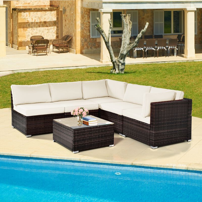 6 Pieces Patio Rattan Furniture Set with Cushions and Glass Coffee Table