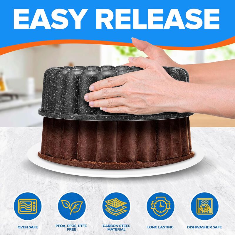 Baking Pan - Two-Layered Nonstick Gray Marble Coating, DieCast Aluminum Fluted Cake Pan, Oven Safe (Up To 450° F), PFOA, PFOS, and PTFE Free, Recipe Booklet Included, Classic Pan, Gray