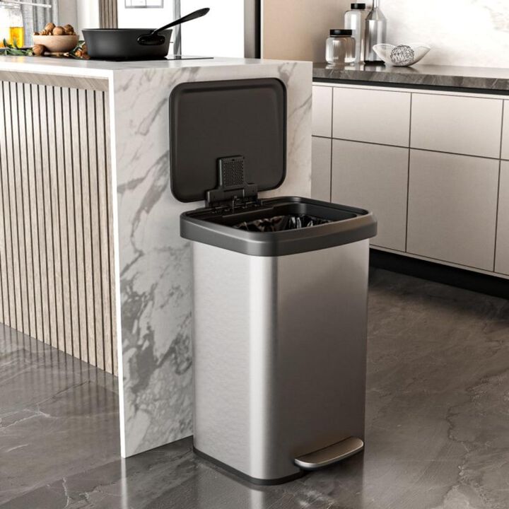 Hivvago 13 Gallon Silver Stainless Steel Step Trash Can with Soft Close Lid
