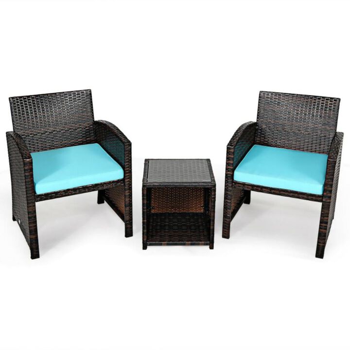 Hivvago 3 Pieces PE Rattan Wicker Furniture Set with Cushion Sofa Coffee Table for Garden