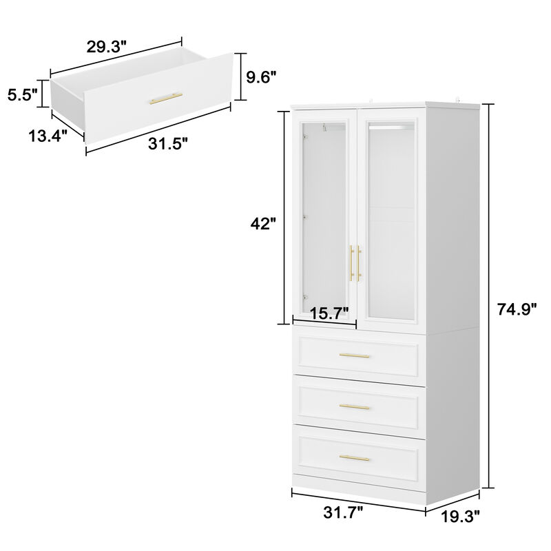 FUFU&GAGA  Elegant Armoire with Glass Doors, Hanging Rods, and Spacious Drawers for Organized Bedroom Storage (31.7" W x 19.3" D x 74.9" H) White