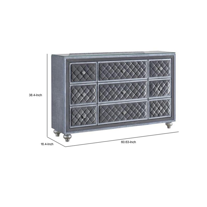 Benjara Rall 61 Inch Wide Dresser with Mirror, 9 Drawers, Modern, Turned Legs, Gray and Silver