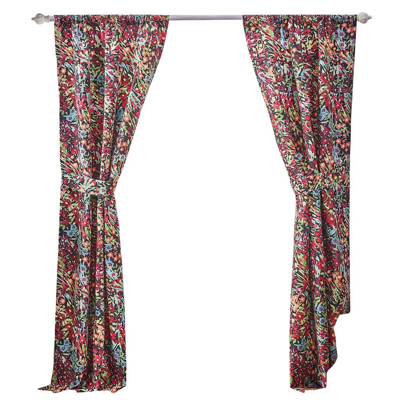 Burges 84 Inch Window Panel Curtain, Red and Pink Reed Print, Rod Pockets - Benzara