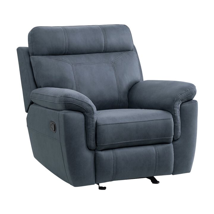 Clif 38 Inch Manual Glider Reclining Accent Chair, Blue Microfiber, Wood - Benzara