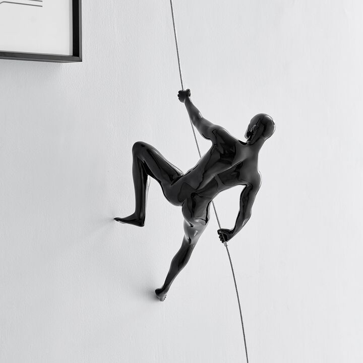 Climbing Man Wall Sculpture Glossy Black Resin Handmade