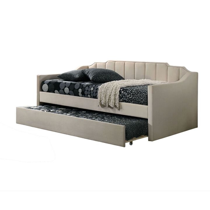 Oren Twin Daybed with Staircase Headboard, Beige Channel Tufted Fabric - Benzara