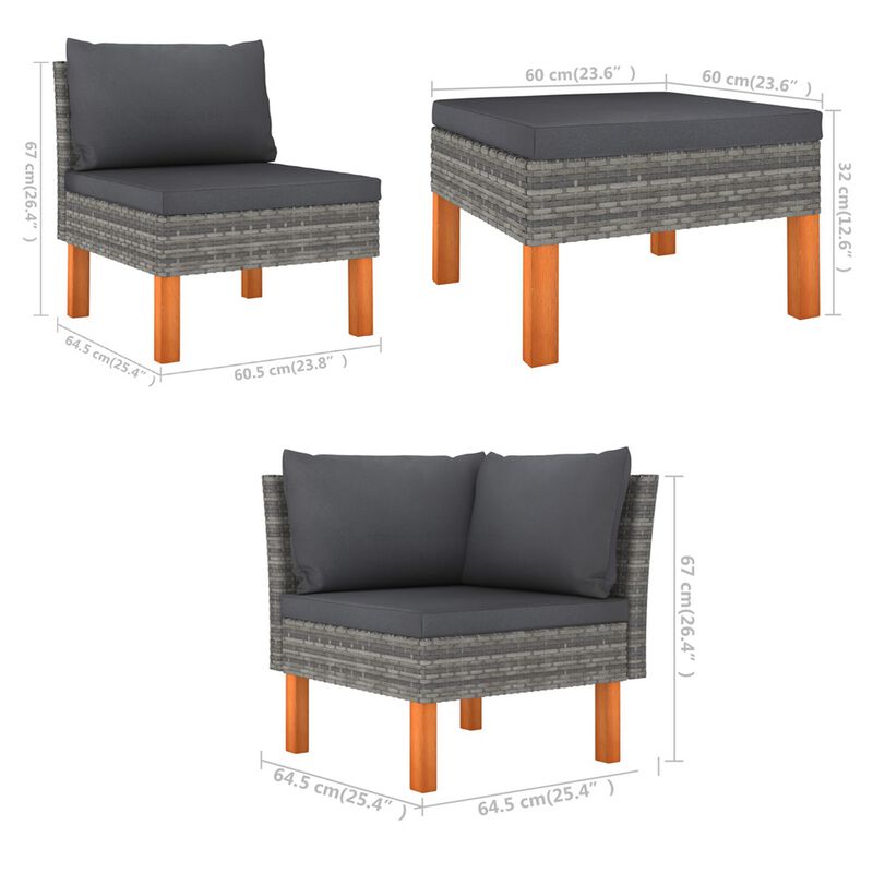 Feno 6pc Outdoor Modular Lounge L Sofa, 3 Ottomans, Dark Gray Rattan - Benzara