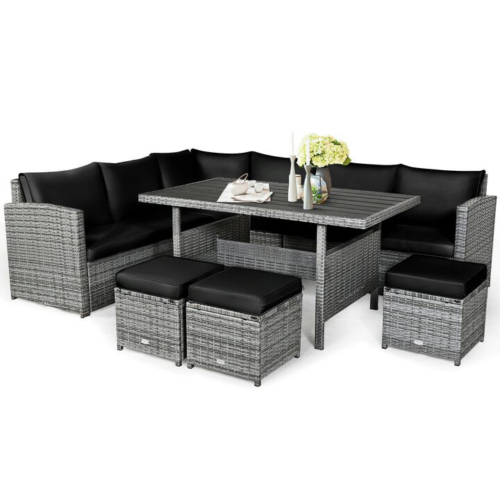 7 Pieces Patio Rattan Dining Furniture Sectional Sofa Set with Wicker Ottoman