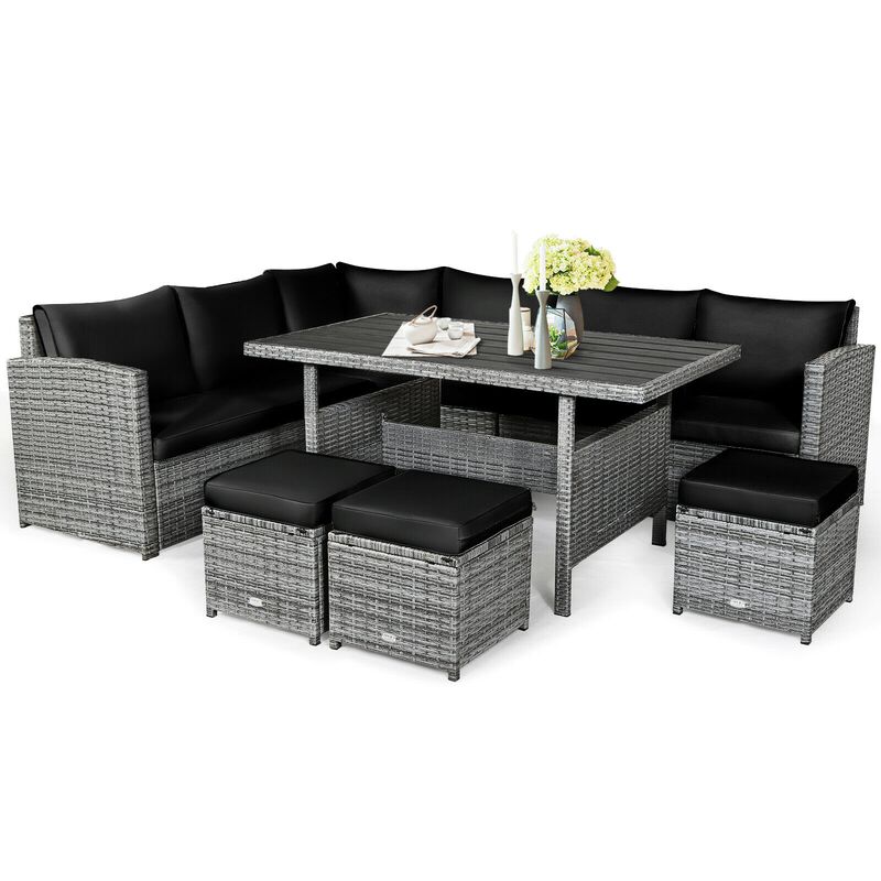 7 Pieces Patio Rattan Dining Furniture Sectional Sofa Set with Wicker Ottoman