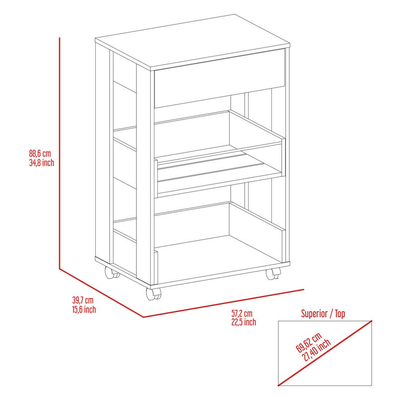 Verona Kitchen Cart, Three Shelves, Four Casters - White Dark Walnut