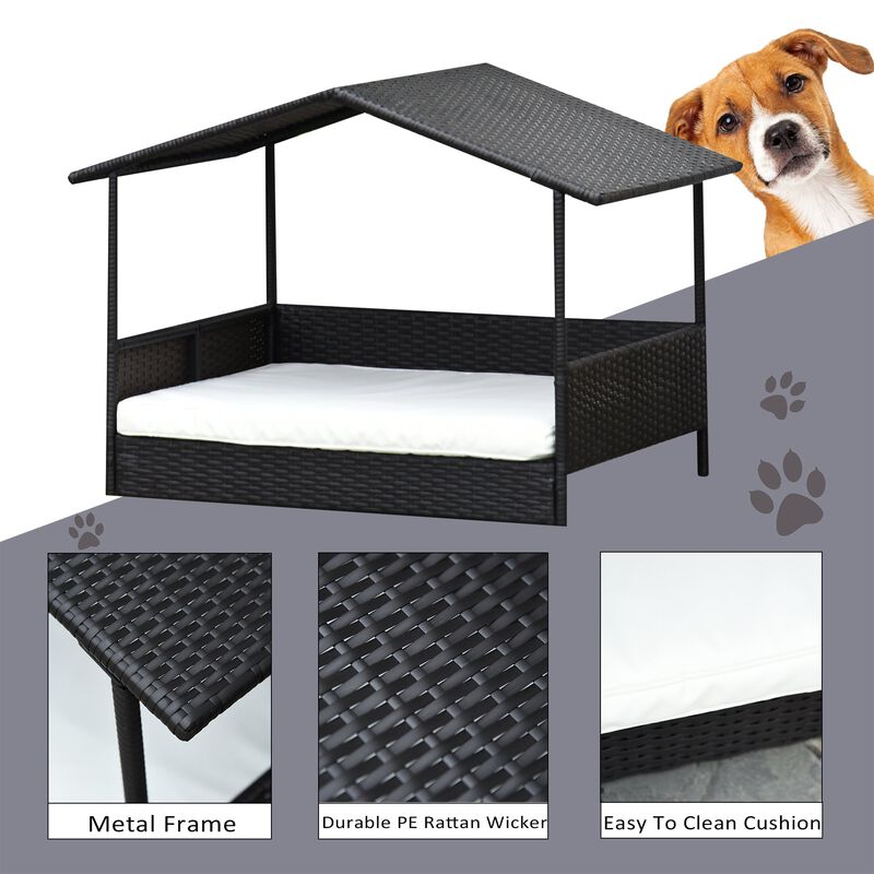 Cream Pet Paradise: Wicker Elevated Dog Bed with Rattan Canopy