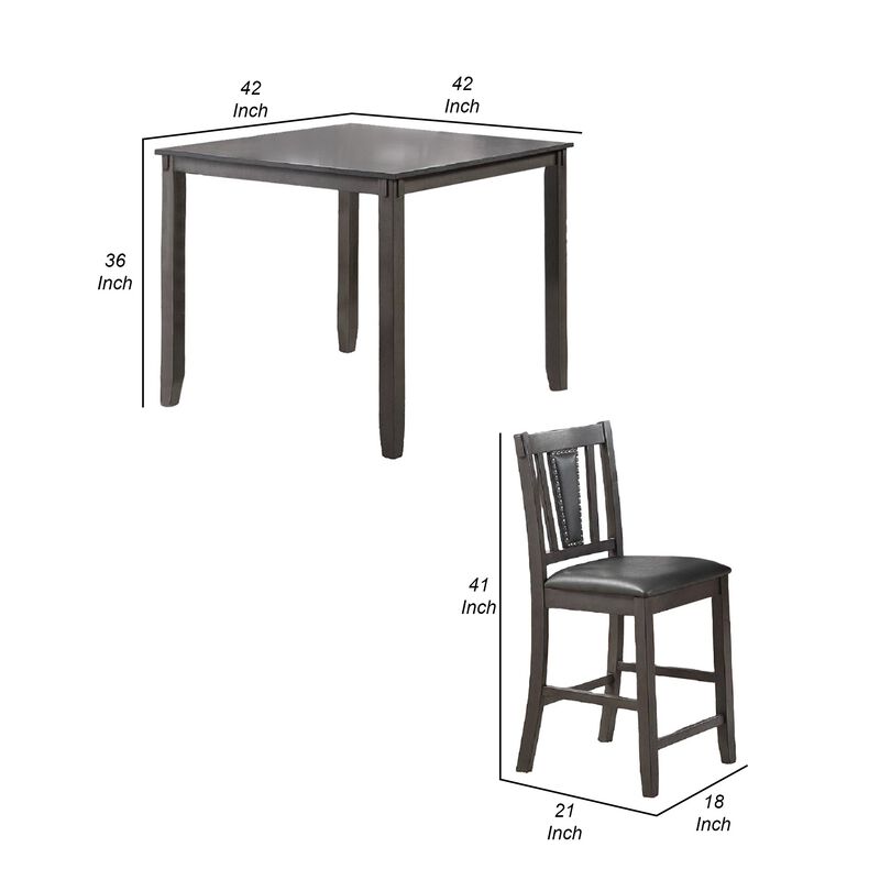 5 Piece Counter Height Dinning Table Set with 4 Chairs, Padded Seats, Gray - Benzara