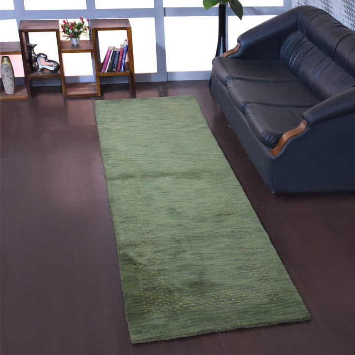 RUGSOTIC CARPETS HAND KNOTTED LOOM WOOL ECO-FRIENDLY AREA RUGS  - 2'6''x10', Runner, Green Color, Contemporary Modern Design, High Pile Thick Handmade Anti Skid Rugs for Living Room (L00531)