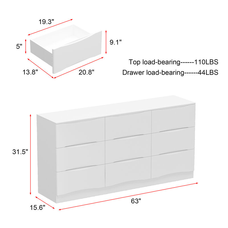 FUFU&GAGA 63" White 9-Drawer Dresser, Modern P2 MDF Construction with Silent Drawer Tracks, Rounded Corners and Anti-Tip Design (63" W x 31.5" H x 15.6" D), Pure White Finish