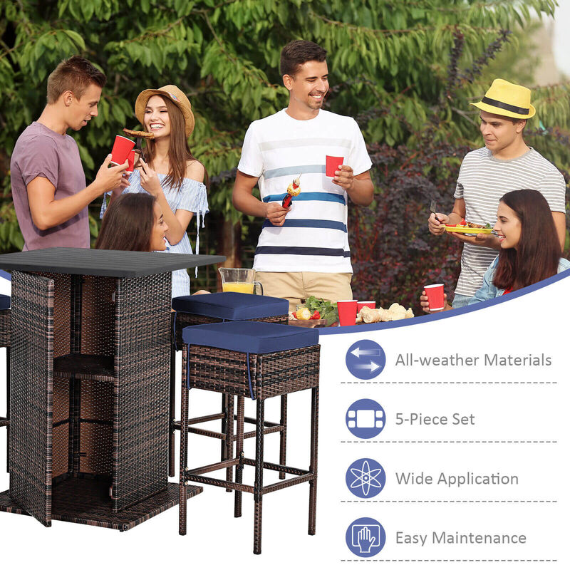 5 Pieces Patio Rattan Cushioned Bar Furniture Set with Hidden Storage Shelf