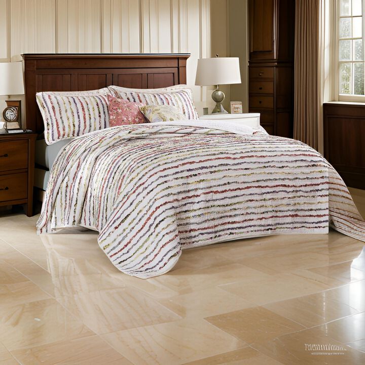 Five Piece King Size Cotton Quilt Set with Sewn Floral Ruffles, Multicolor - Benzara