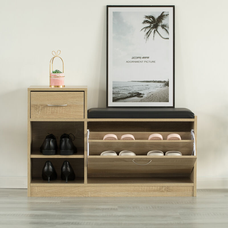 Wooden Entryway Shoe Storage Bench with Cushion, Oak