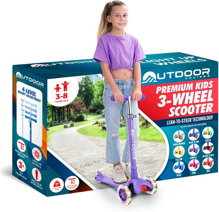 Outdoor Cruiser 3-Wheel Kids Scooter – with Lean-to-Steer Technology, Led Lighted Wheel, 4-Level Adjustable Height T-bar Handle, Support Kids Up to 150 Lbs, for Boys & Girls Ages 3-8