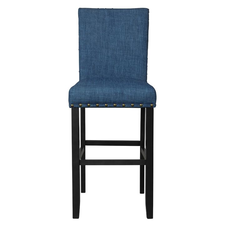 Bar Chair with Fabric Seat and Nailhead Trim, Set of 2, Blue-Benzara