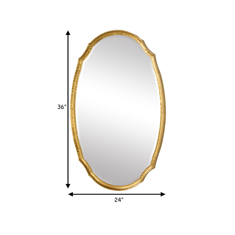 36 Inch Wood Wall Mirror, Oval Shape, Concave Surface, Gold-Benzara
