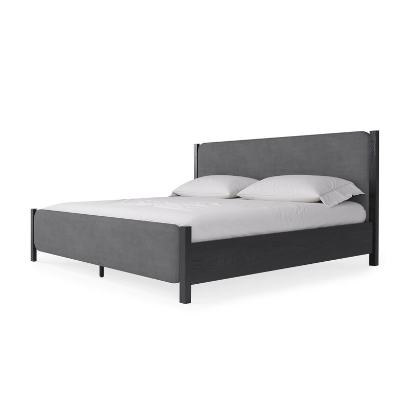Cave California King Bed, Velvet Upholstery, Posts, Gray Mahogany Wood - Benzara