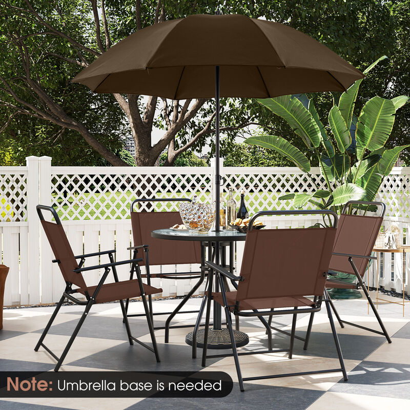 6 Pieces Patio Dining Set Folding Chairs Glass Table Tilt Umbrella for Garden