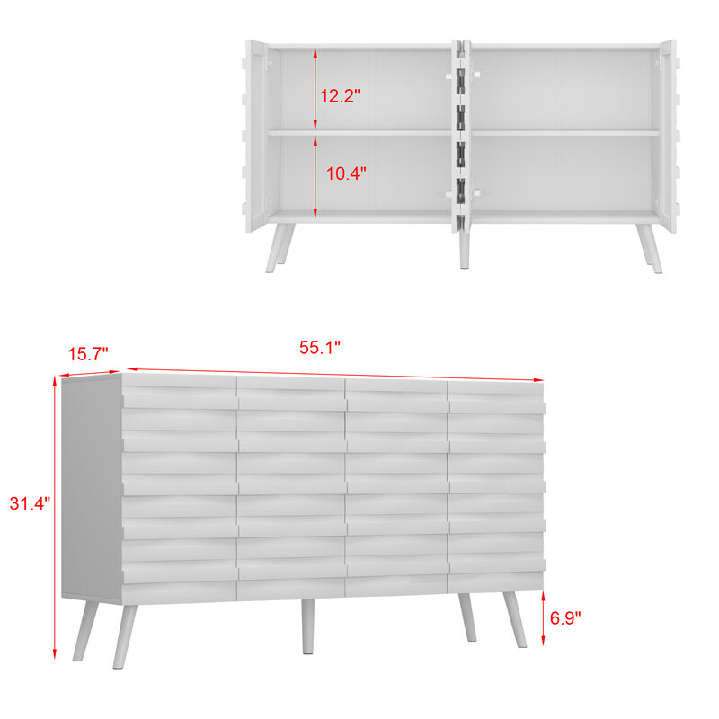 FUFU&GAGA Modern Storage Cabinet with White Embossed Design and Solid Wood Legs, Stylish Organizer for Living Room or Bedroom (55.1"W x 31.4"H x 15.7"D),White