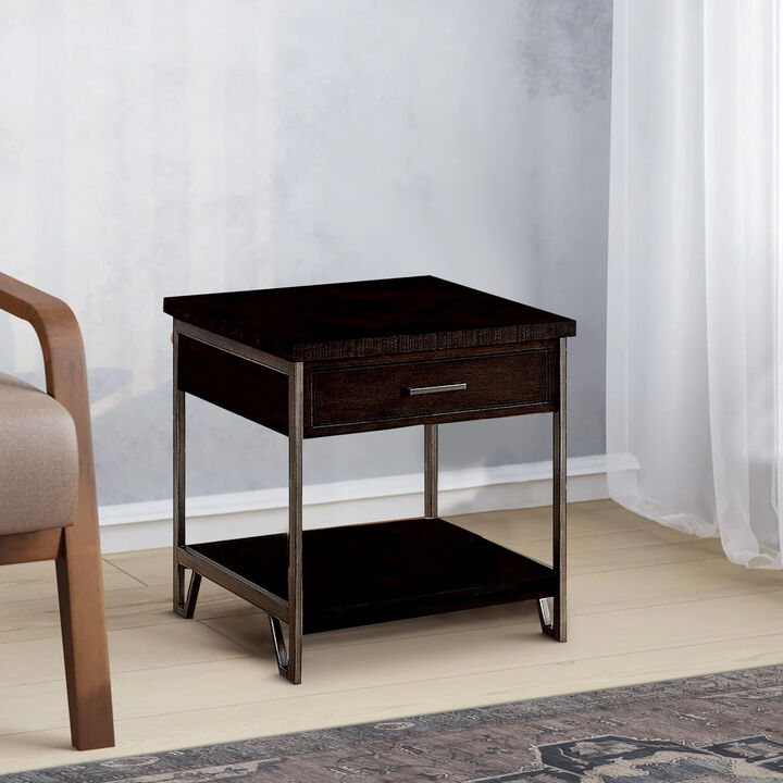 1 Drawer Wooden End Table with Metal Frame, Brown-Benzara