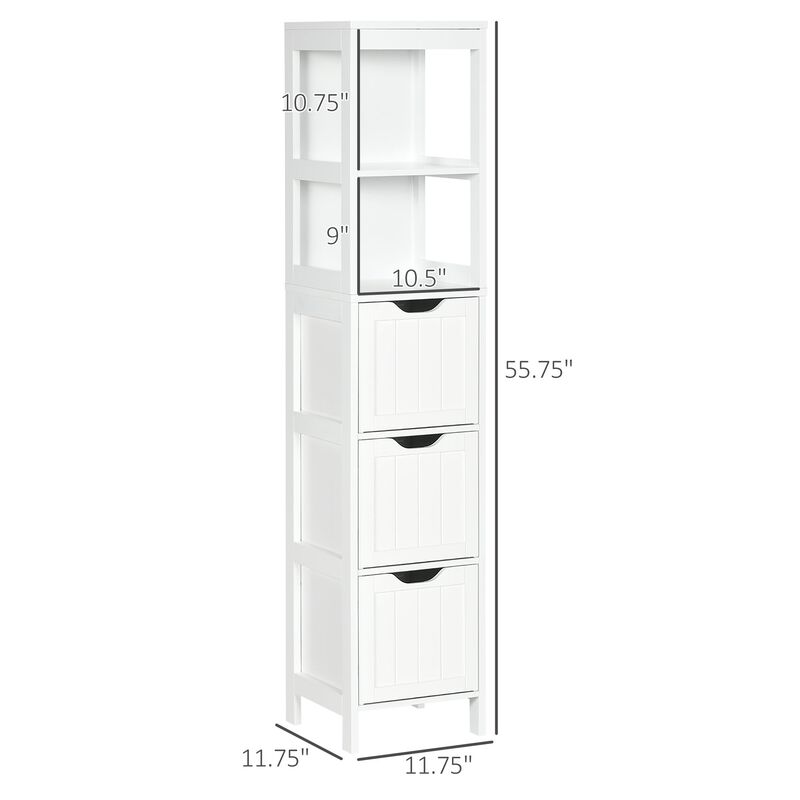 White Bathroom Tower: Slim Cabinet with 3 Drawers and 2-Tier Shelf