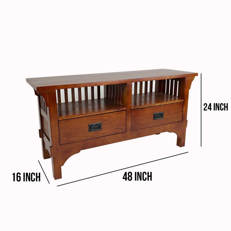 Wooden TV Stand with 2 Open Shelves and Slatted Back, Oak Brown-Benzara