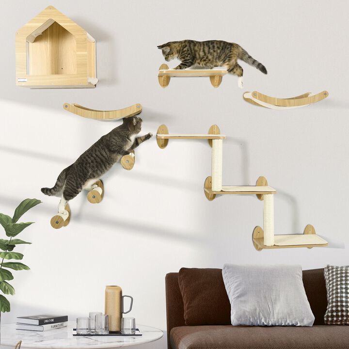 Oak Cat Playground: 8-Piece Wall-Mounted Climbing Set with Condo & Hammock