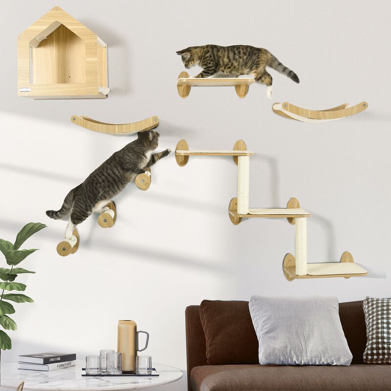 Oak Cat Playground: 8-Piece Wall-Mounted Climbing Set with Condo & Hammock