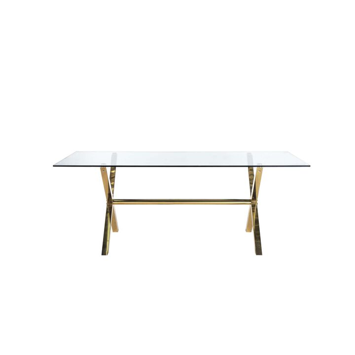 Tia 79 Inch Dining Table, Rectangular Tempered Glass Top, Gold, Clear - Benzara