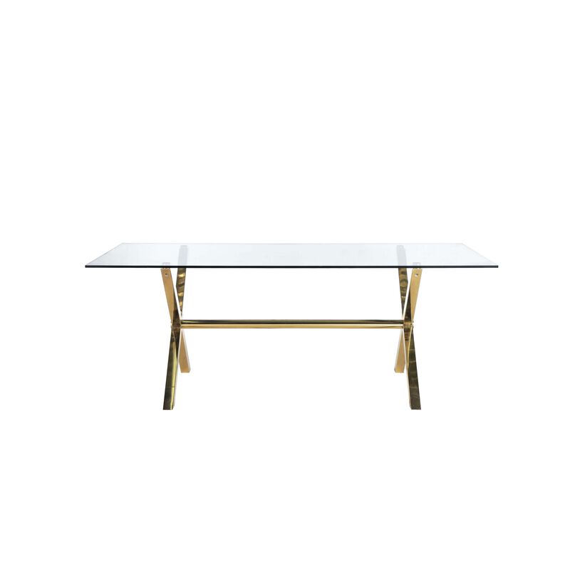 Tia 79 Inch Dining Table, Rectangular Tempered Glass Top, Gold, Clear - Benzara