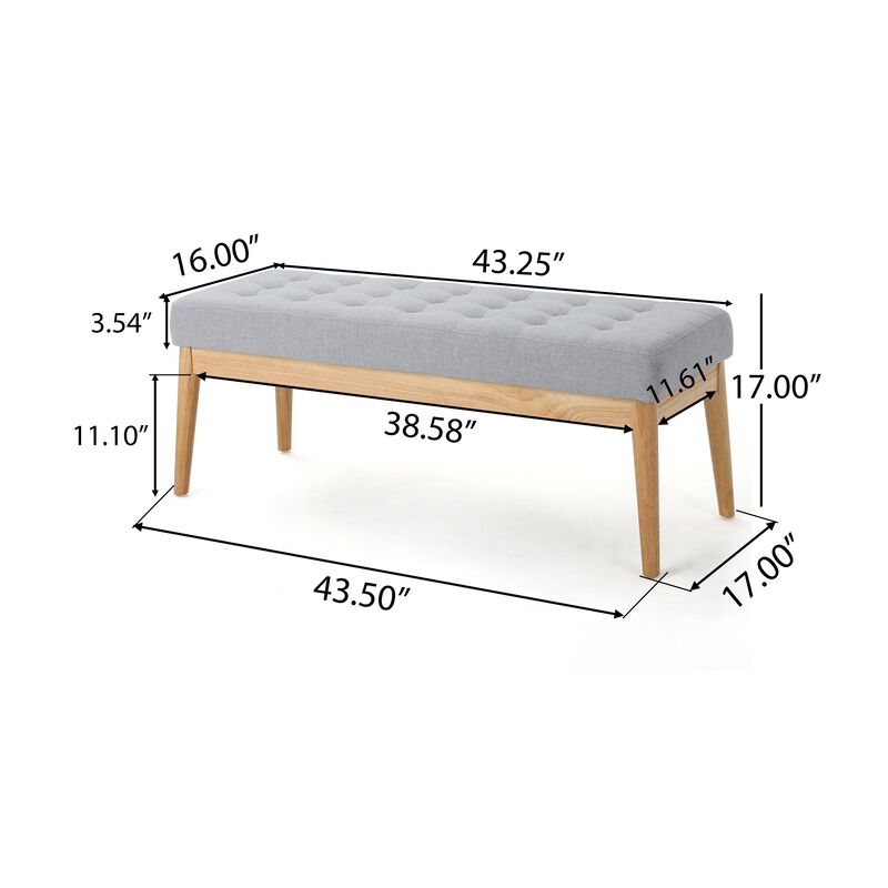 Gisa Ottoman Bench, Light Gray Fabric Tufted Seat, Brown Wood, 44 Inch -Benzara