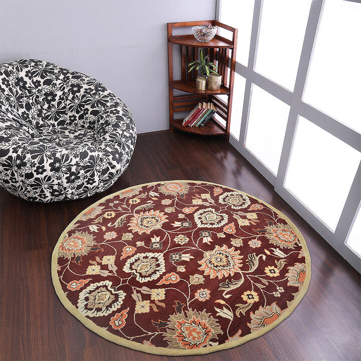 RUGSOTIC CARPETS HAND TUFTED WOOL ECO-FRIENDLY AREA RUGS  - 8'x8', Round Shape, Maroon, Classic Oriental Traditional  Design, High Pile Handmade Area Rugs for Living Room, Bed Room (K00712)
