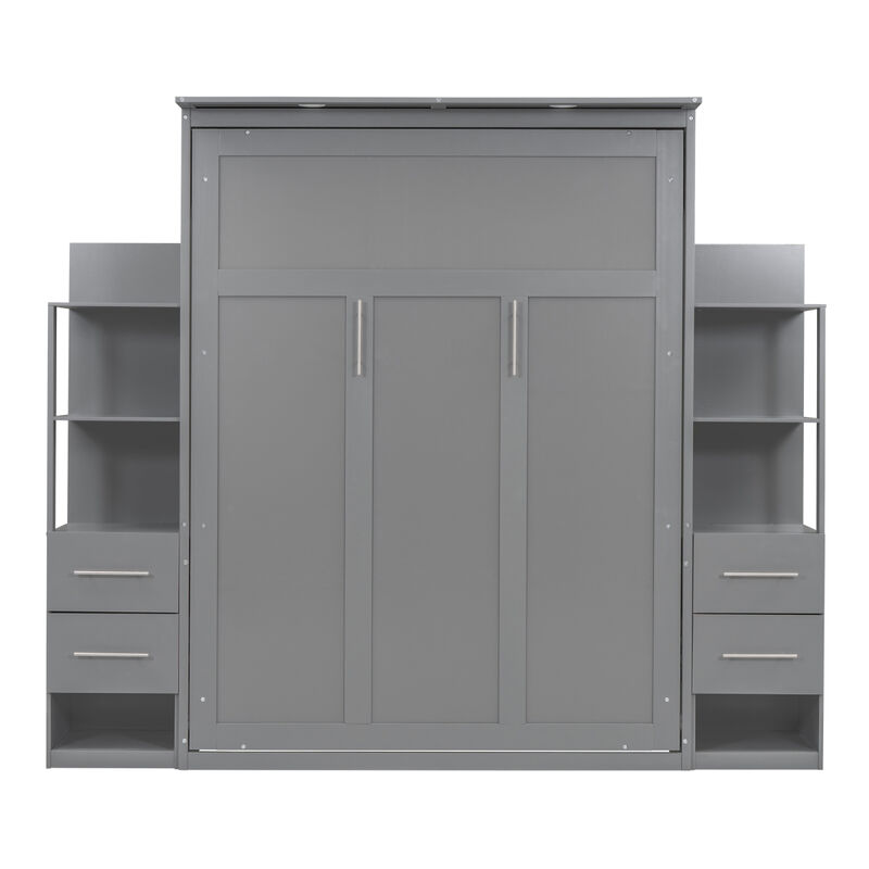 Queen Size Murphy Bed Wall Bed With Shelves, Drawers And LED Lights