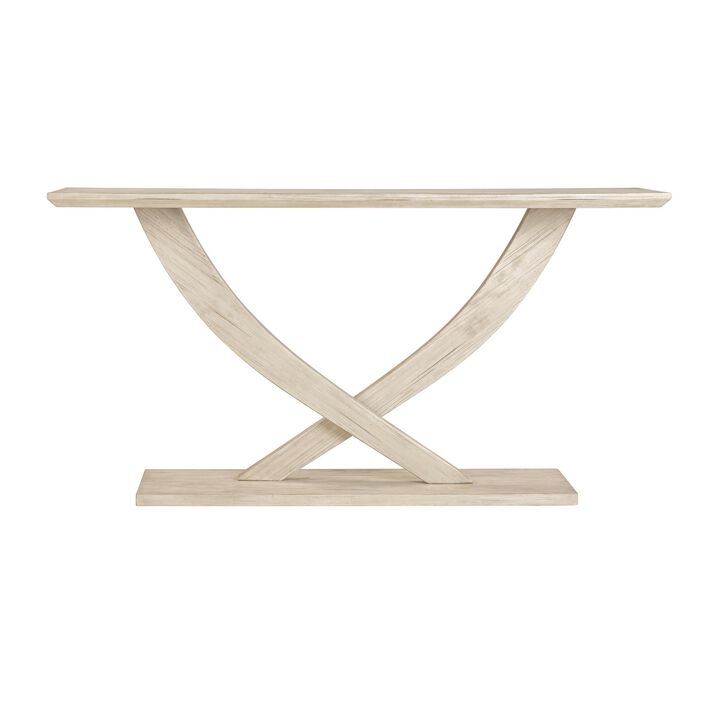 Rase 57 Inch Console Table, Cross Leg Design, Pedestal Base, Whitewash Wood - Benzara