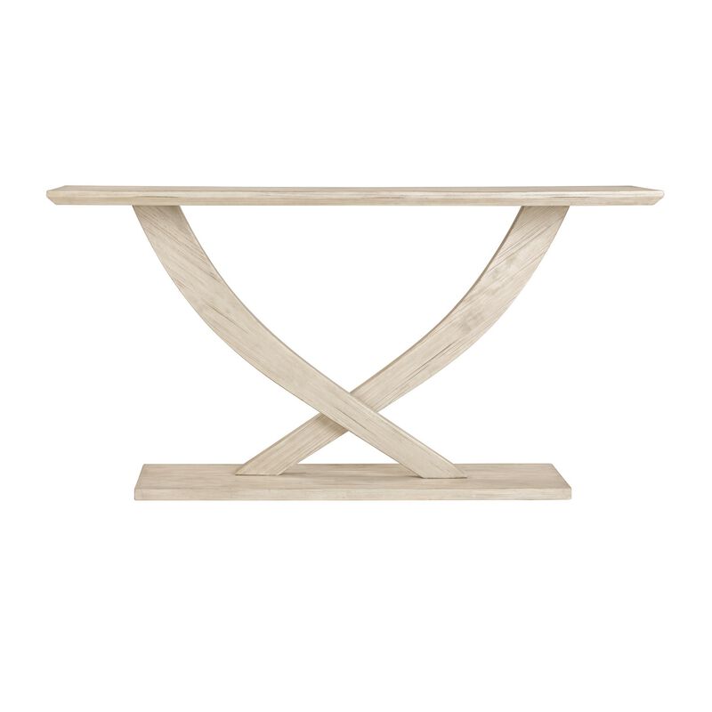Rase 57 Inch Console Table, Cross Leg Design, Pedestal Base, Whitewash Wood - Benzara