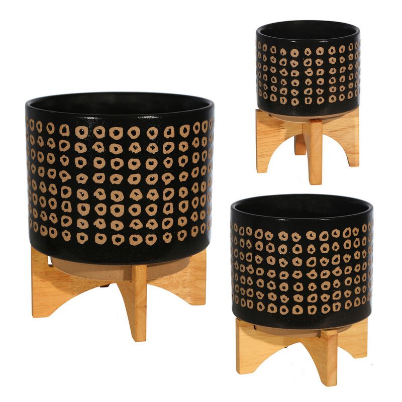 Planter with Wooden Stand and Abstract Design, Large, Black-Benzara