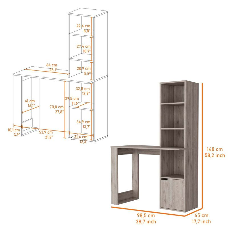 Broadmoor Computer Desk With 4-Tier Bookcase And 1-Door Cabinet Gray