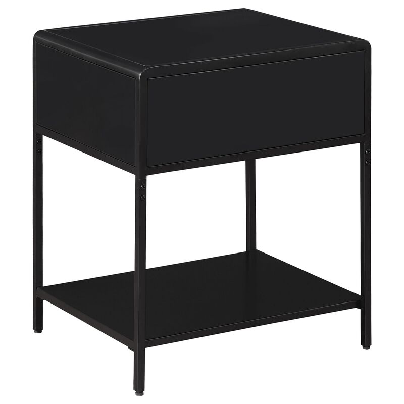 Lanie Bedside Table with Drawer and Open Shelf, PE Cane, Black Metal - Benzara