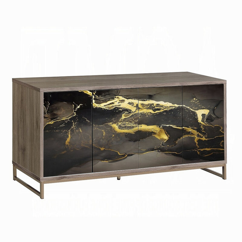 Loila Sideboard Console Cabinet, Black Marble Look, Brown Wood 65 Inch - Benzara