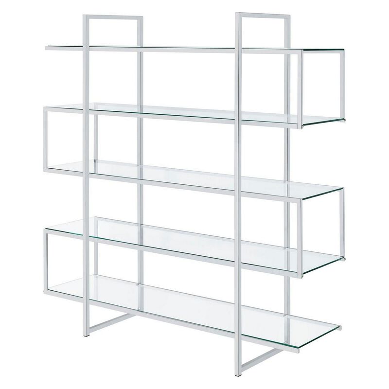 Bookcase with 5 Tempered Glass Shelves and Electroplated Frame, Chrome-Benzara