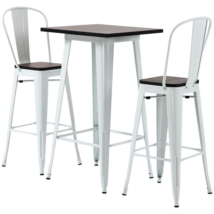 HOMCOM 3 Piece Industrial Dining Table Set, Bar Height Bar Table and Chairs Set with Footrests for Bistro, Pub, White and Brown