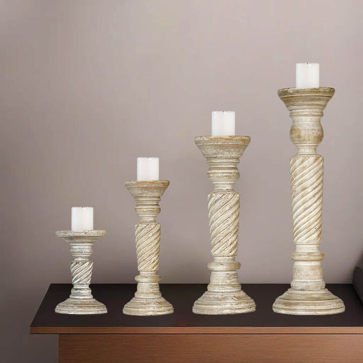 Traditional Antique White Eco-friendly Handmade Mango Wood Set Of Four 6",9",12" & 15" Pillar Candle Holder BBH Homes